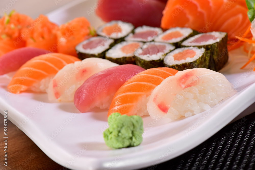 Japanese food plate on a restaurant table Japanese food plate on a restaurant table