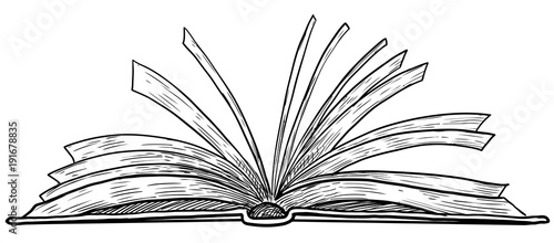 Open book illustration, drawing, engraving, ink, line art, vector