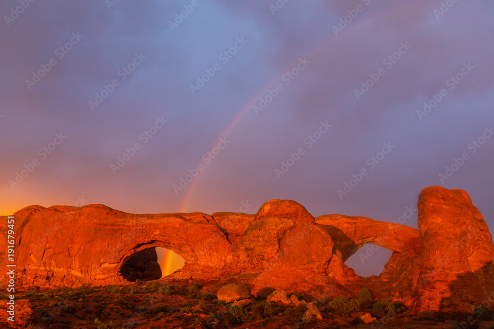 Dramatic light and storm scenery in the Arches National Park, Utah in summer