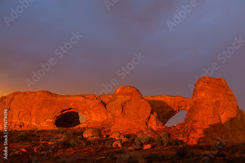 Evening storm and beautiful cloudscape in the Arches National Park  Utah