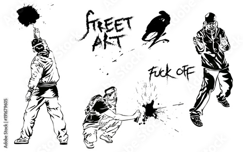 Set of graffiti art. Artists, signs and splashes. Collection street art elements. Vector illustration.