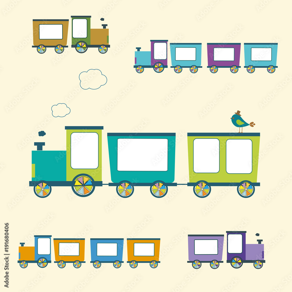 Simple style color toy trains and wagons set, vector set Simple style color toy trains and wagons set, vector set