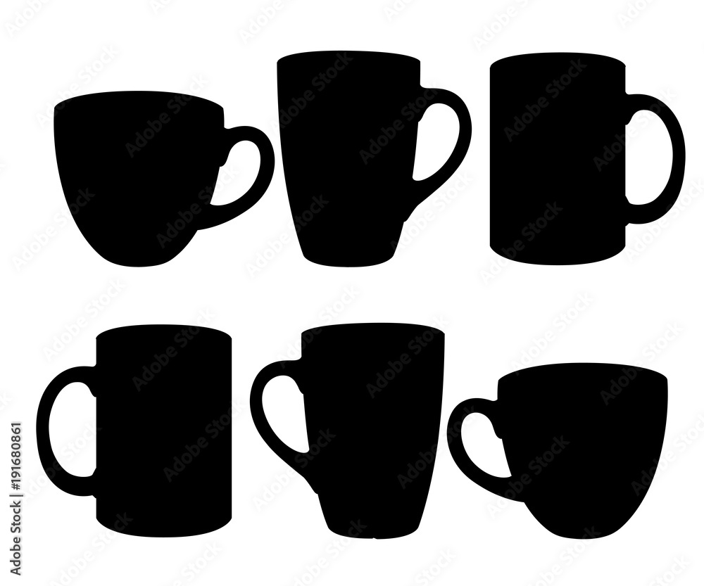 Set of mugs black silhouettes symbols and signs for design logo cup vector illustration on white background Set of mugs black silhouettes symbols and signs for design logo cup vector illustration on white background