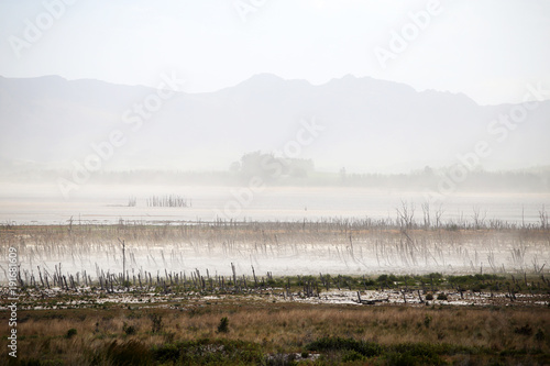Low water level in Theewaterskloof dam due to severe drought, Western Cape, South Africa 
