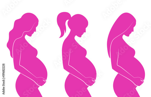 Pink silhouette of pregnant women with different hairstyles: straight hair, curly hair, ponytail. Vector illustration