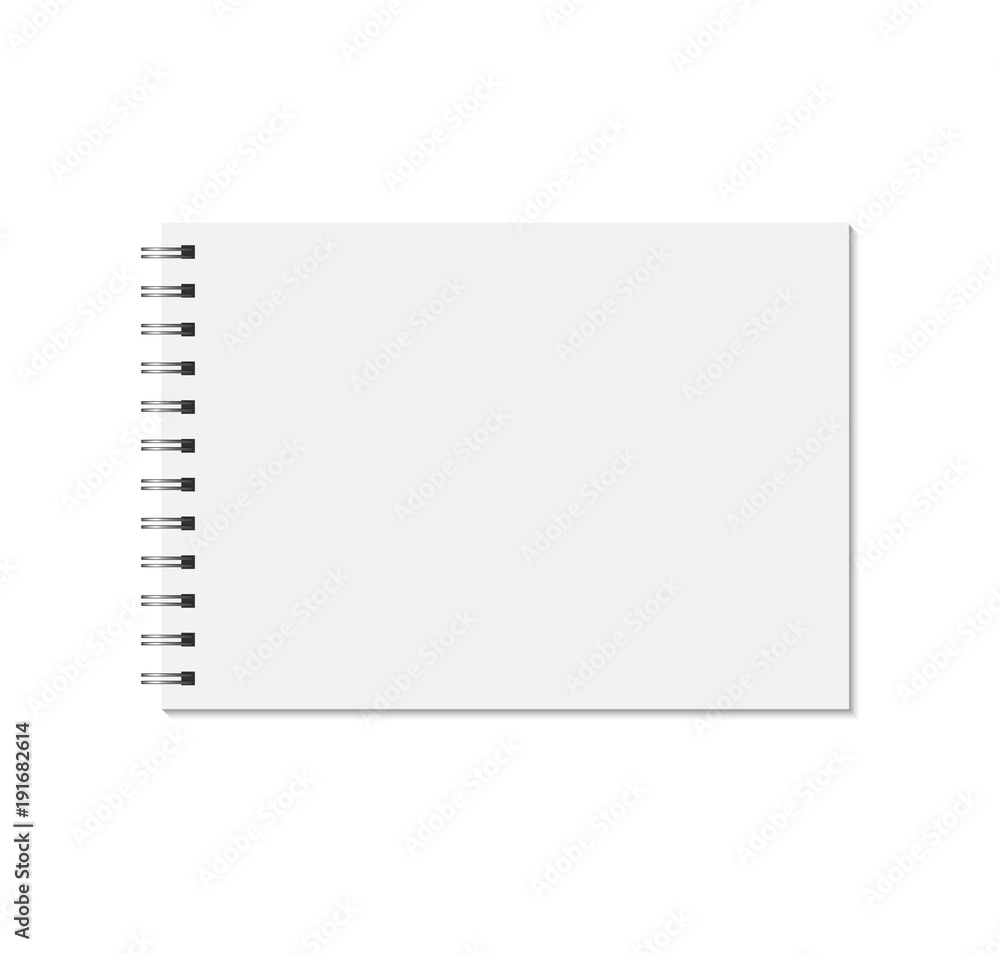 Horizontal notebook mock up isolated on white background. Blank pages, copybook with metal spiral template. Realistic closed notebook vector illustration. Horizontal notebook mock up isolated on white background. Blank pages, copybook with metal spiral template. Realistic closed notebook vector illustration.