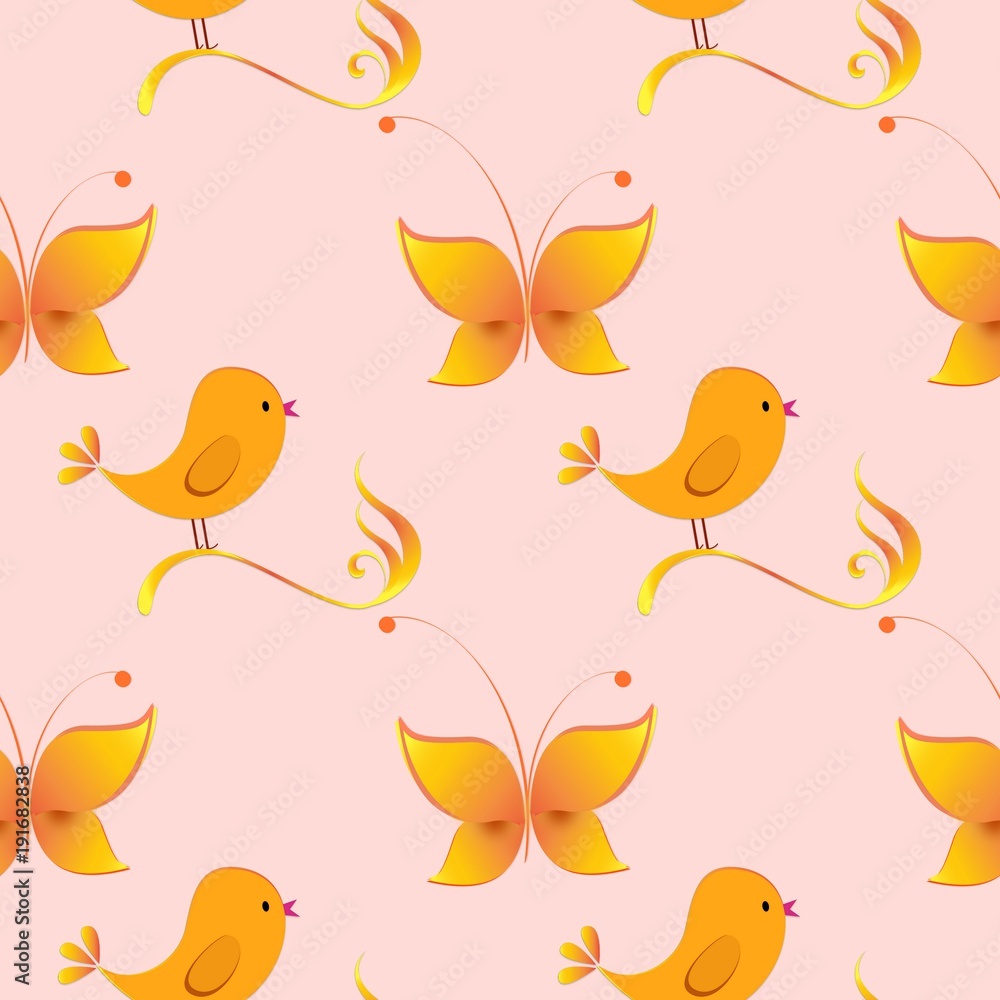 Seamless background with colorful butterflies and birds. Regular  happy pattern.