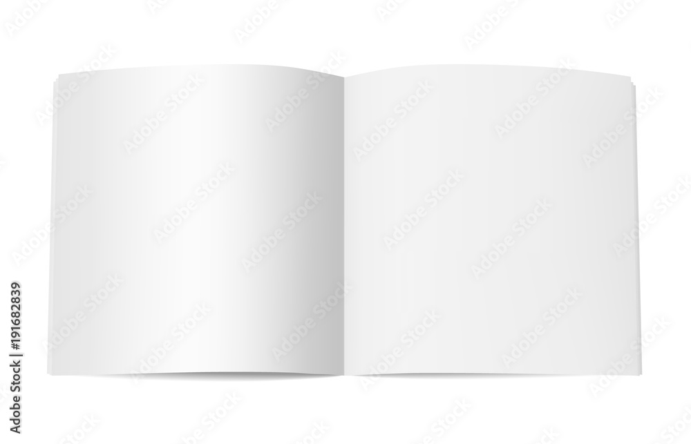 Square book booklet or magazine mock up. Template of opened notepad with blank pages isolated on white background. Vector realistic illustration Square book booklet or magazine mock up. Template of opened notepad with blank pages isolated on white background. Vector realistic illustration