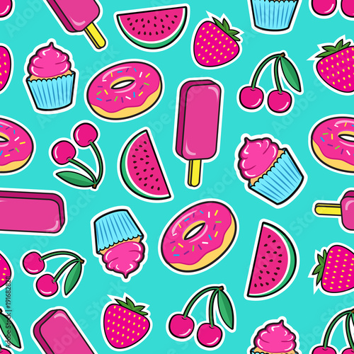 Cute seamless pattern with colorful patches. Stickers of ice cream, cherry, strawberry, watermelon, donut, cupcake etc on mint green background. Fashion cool patches and stickers. Vector illustration.