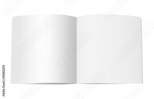 Square book booklet or magazine mock up. Template of opened notepad with blank pages isolated on white background. Vector realistic illustration