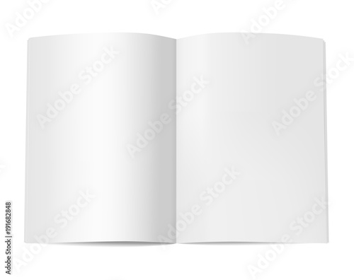 Vertical book booklet or magazine mock up. Template of opened notepad with blank pages isolated on white background. Vector realistic illustration