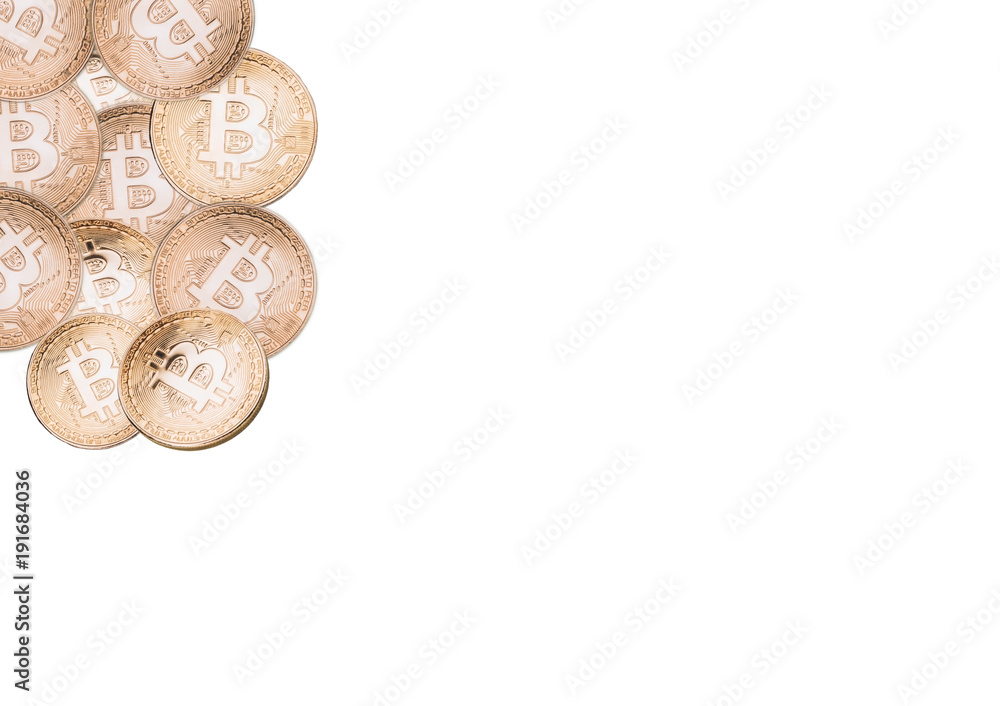 Many bitcoins on a white background Many bitcoins on a white background