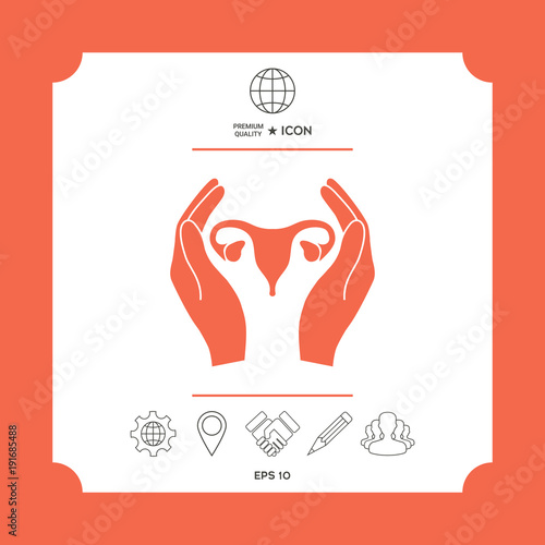 Hands holding Female uterus - protection icon