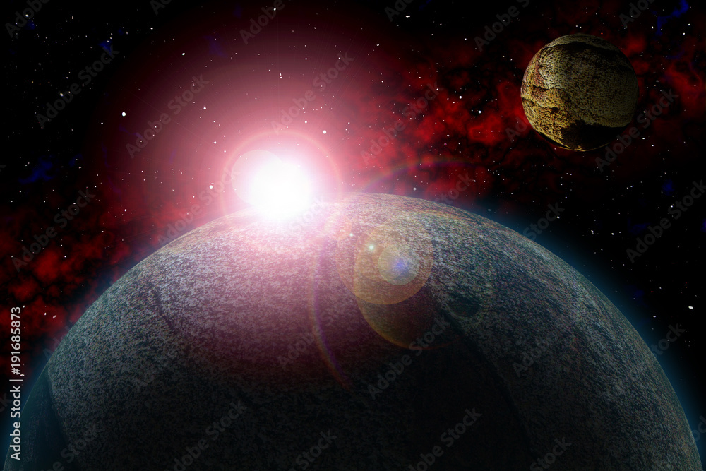 Naklejka premium Ustaw Nieznaną planetę. Kolorowa gwiazda, słońce, księżyc, gwiazdy, mgławica kosmiczna. Podstawa: fototekstury autorskie.