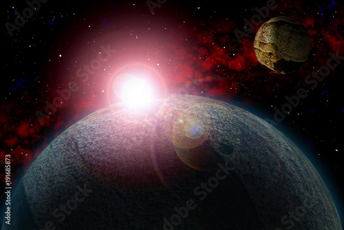 Fototapeta Naklejka Na Ścianę i Meble -  Set Unknown planet. Color star, sun, moon, stars, space nebula. Basis: author's phototextures.