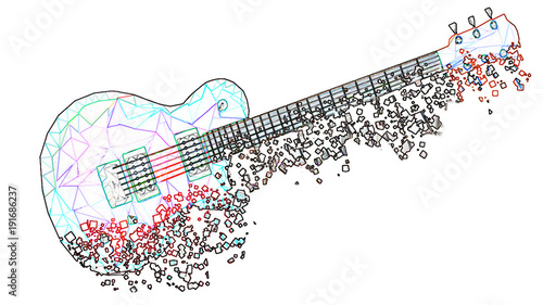 Guitarra geométrica blanca formada por triángulos con un efecto de neón se va desvaneciendo en pixeles