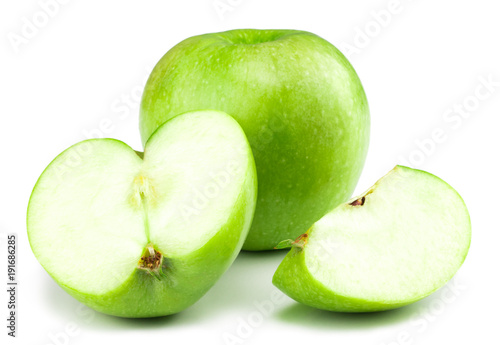 Green apple fruits and slices of apple isolated on white background