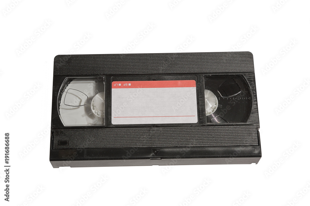 View of old video tape cassette isolated on white background with clipping path