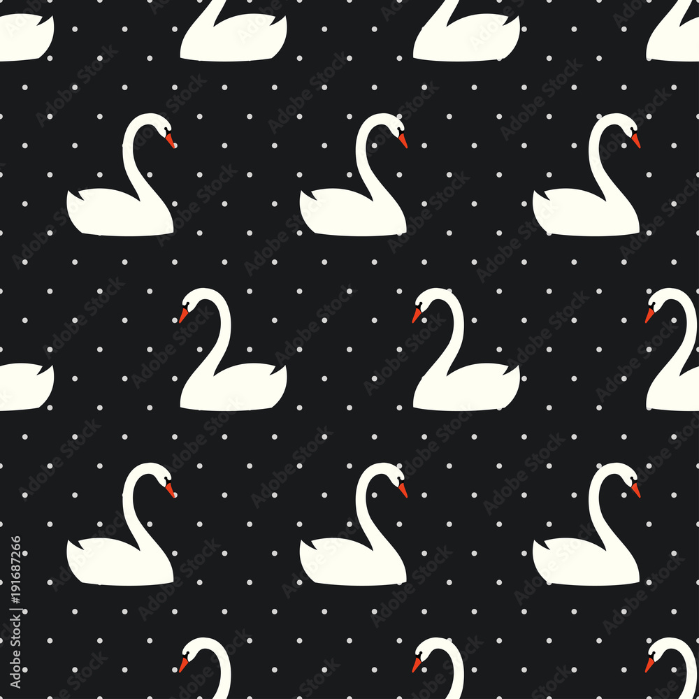 Obraz premium Biały łabędź wzór na czarnym tle kropki. Ilustracja wektorowa słodkie ptaki. Modny projekt mody na tekstylia, tkaniny, dekoracje.