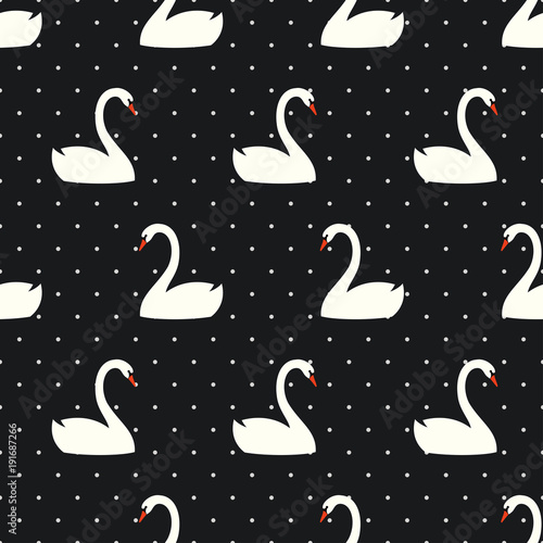 White swan seamless pattern on polka dots black background. Cute birds vector illustration. Trendy fashion design for textile, fabric, decor.