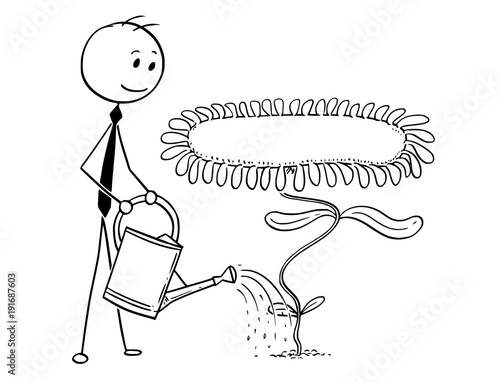 Cartoon stick man drawing conceptual illustration of businessman gardener in garden watering blooming plant with can. Large flower can be used as empty or blank sign. Business concept of success