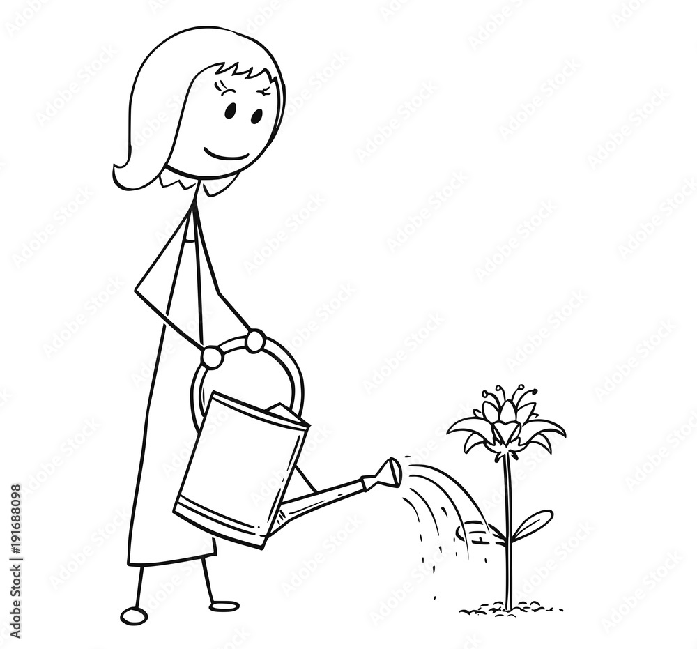 Cartoon stick man drawing illustration of female gardener woman on garden  watering blooming plant with can. Stock Vector | Adobe Stock