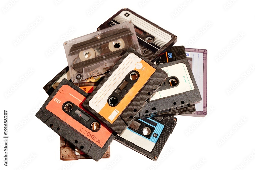 View of old audio tape cassettes isolated on white background with clipping path View of old audio tape cassettes isolated on white background with clipping path