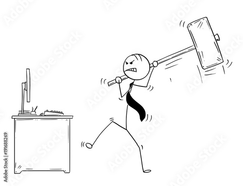 Cartoon stick man drawing conceptual illustration of angry businessman ready to destroy his office computer by large sledgehammer or hammer.