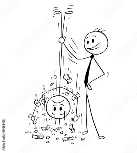 Cartoon stick man drawing conceptual illustration of businessman shaking out money from his client or customer. Business concept of debt, loan or charges.