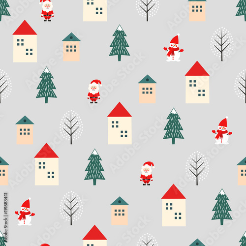 Xmas tree, Santa Claus, houses and snowman cute seamless pattern on grey background. Vector holidays illustration for NY and Christmas. Cartoon style. Design for fabric, textile, wallpaper and decor