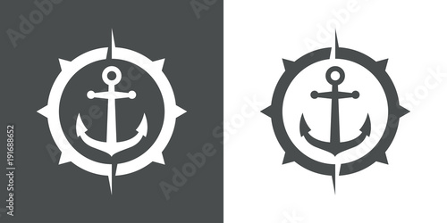 Icono plano abstracto ancla en brújula en gris y blanco
