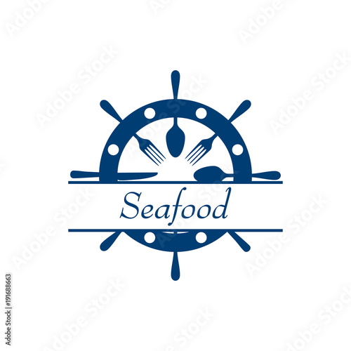 Icono plano con texto Seafood en timón con cubiertos en color azul