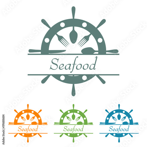 Icono plano con texto Seafood en timón con cubiertos en varios colores