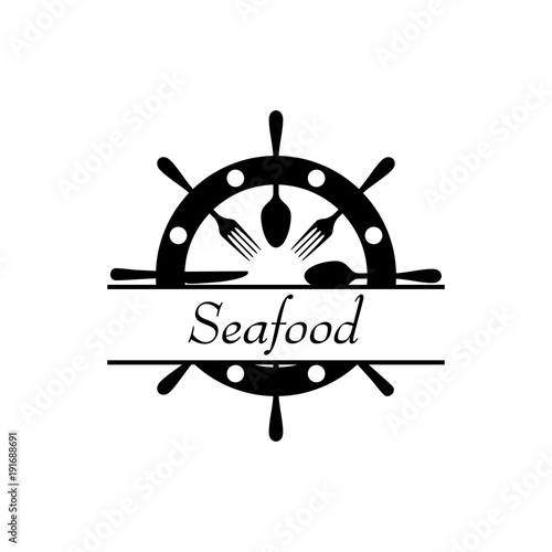 Icono plano con texto Seafood en timón con cubiertos en color negro 