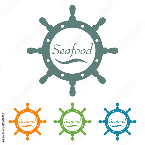 Icono plano con texto Seafood y ola en timón en varios colores