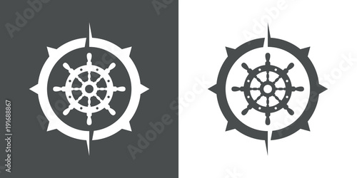 Icono plano timon en brujula en gris y blanco