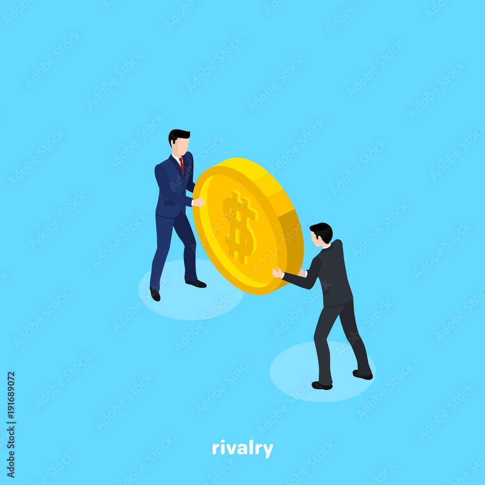 Men in business suits are fighting for a coin, isometric image Men in business suits are fighting for a coin, isometric image