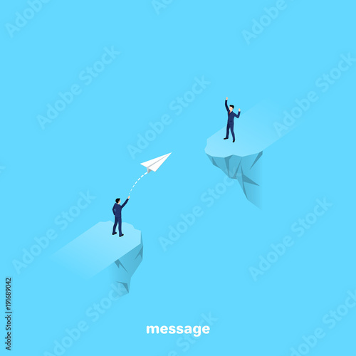 a man in a business suit stands on the edge of the abyss and runs a paper airplane, an isometric image