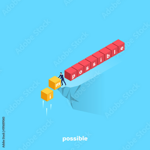 a man in a business suit standing on the edge of the abyss dumps unnecessary cubes with letters, isometric image