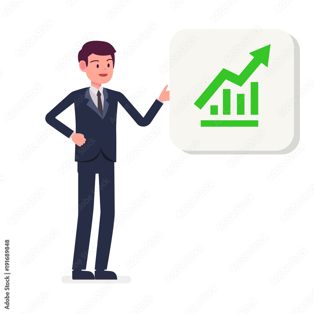 Young Businessman presenting growing graph icon vector illustration.Cartoon business man showing investing icon. Young Businessman presenting growing graph icon vector illustration.Cartoon business man showing investing icon.