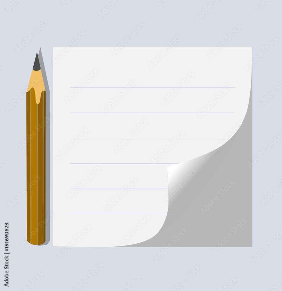 A piece of paper and a pencil. Paper for taking notes in a line, sticker, background, office work. A piece of paper and a pencil. Paper for taking notes in a line, sticker, background, office work.
