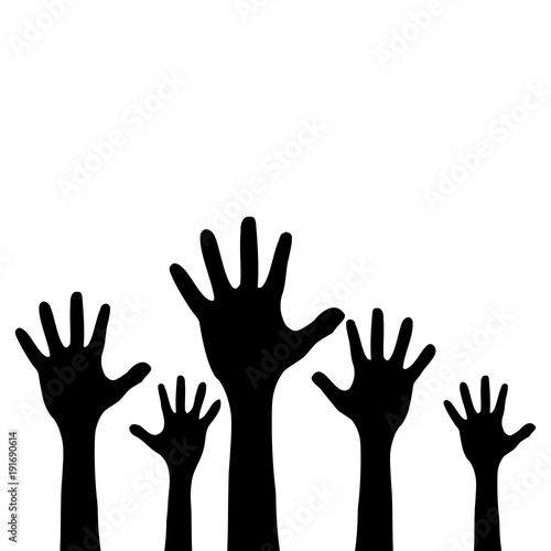 Raised up children's hands. Black silhouette.. Vector