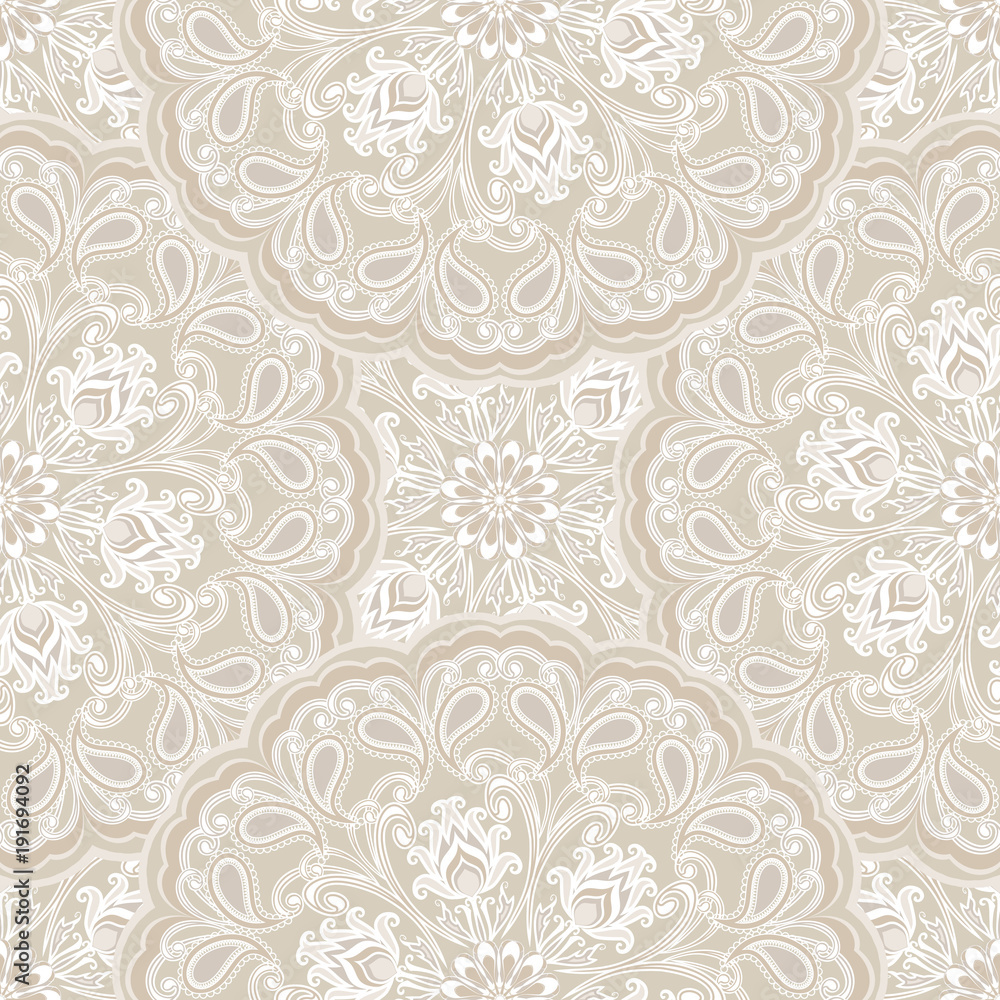 Vector seamless pattern silver mandalas. Traditional Eastern pattern of circular graphic elements.