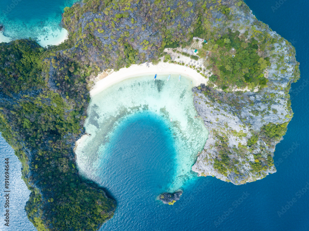 Naklejka premium Aerial view from a drone of beautiful Horseshoe island on sunny day in Myanmar.