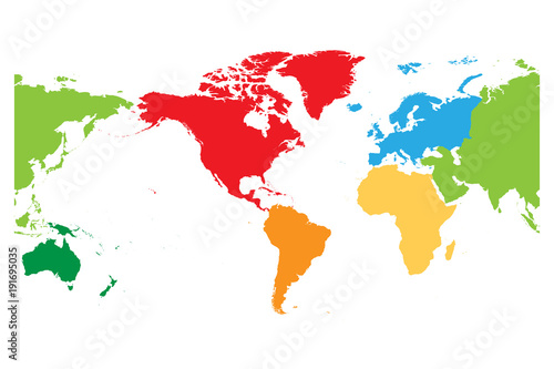 World map divided into six continents. Americas centered. Each continent in different color. Simple flat vector illustration.