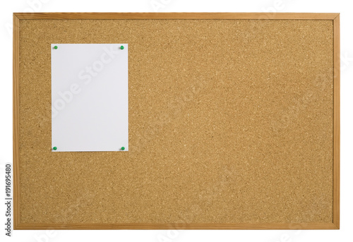 Cork noticeboard isolated on white with blank paper for your notice