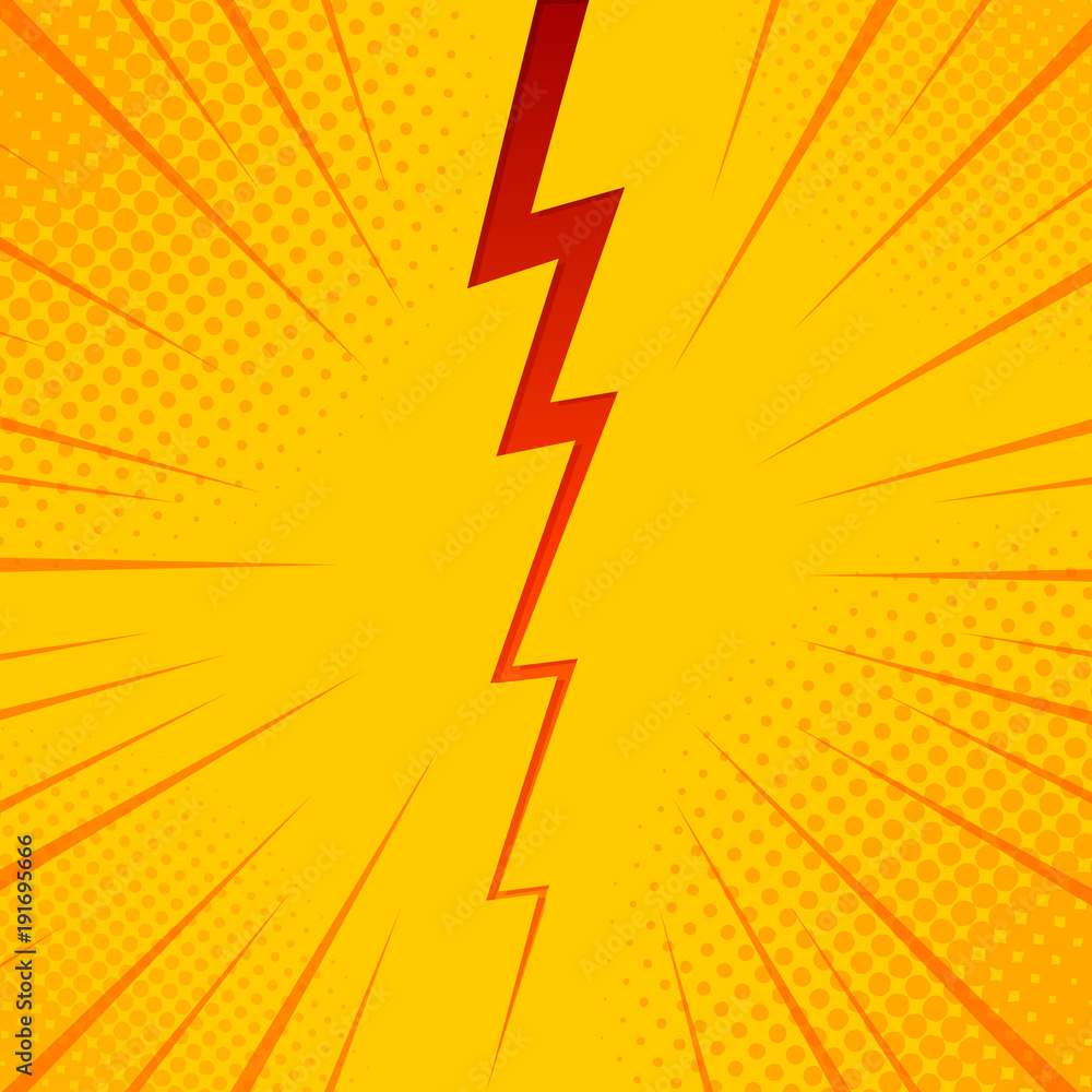 Fototapeta premium Pop art comic background lightning blast halftone dots. Cartoon Vector Illustration on yellow