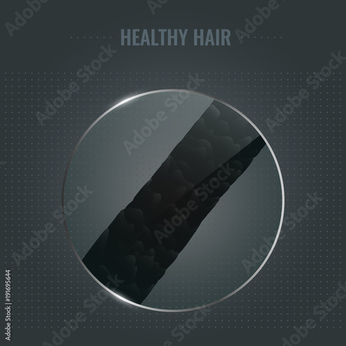 Surface of healthy hair with smooth cuticle under the microscope. Hair follicle closeup. Trichology medical concept. Vector illustration.