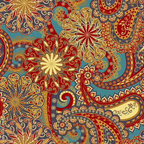 Abstract vintage pattern with decorative flowers, leaves and Paisley pattern in Oriental style.