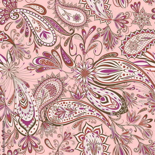 Abstract vintage pattern with decorative flowers, leaves and Paisley pattern in Oriental style.